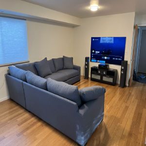 Modern living room with wall-mounted OLED TV